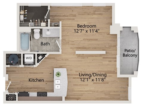 A floor plan of a home showing a bedroom, bathroom, kitchen, and patio/balcony.